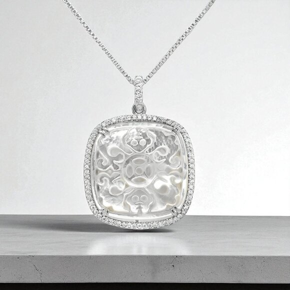 Jewelry - Carved Mother-of-Pearl and CZ Pendant in 925 Sterling Silver